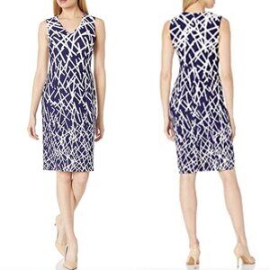 Adrianna Papell Navy and White sleeveless geometric print shift dress size 8